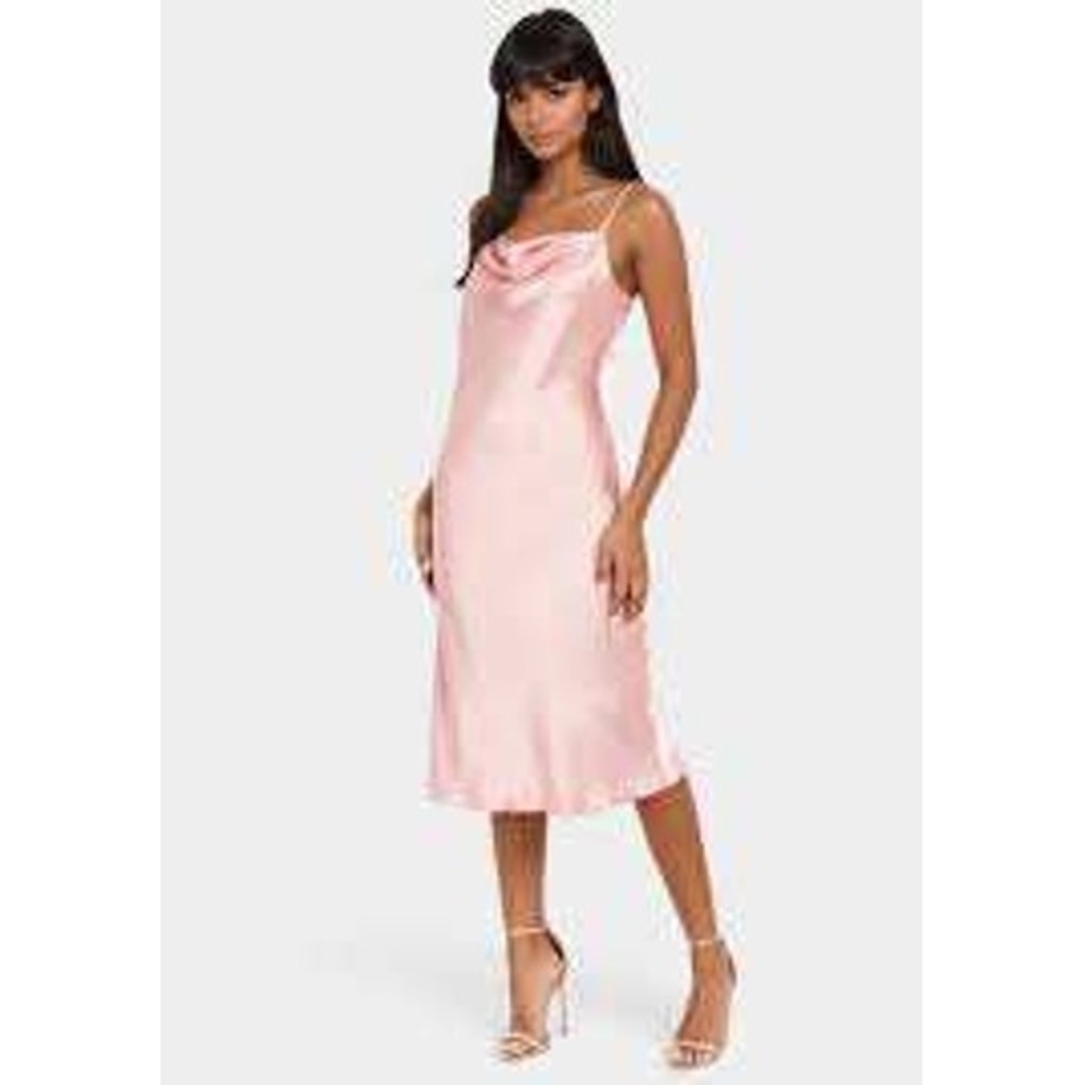 Bebe Y2K Slip Dress Cowl Neck Large Baby Pink‎ Satin Midi Wedding Guest